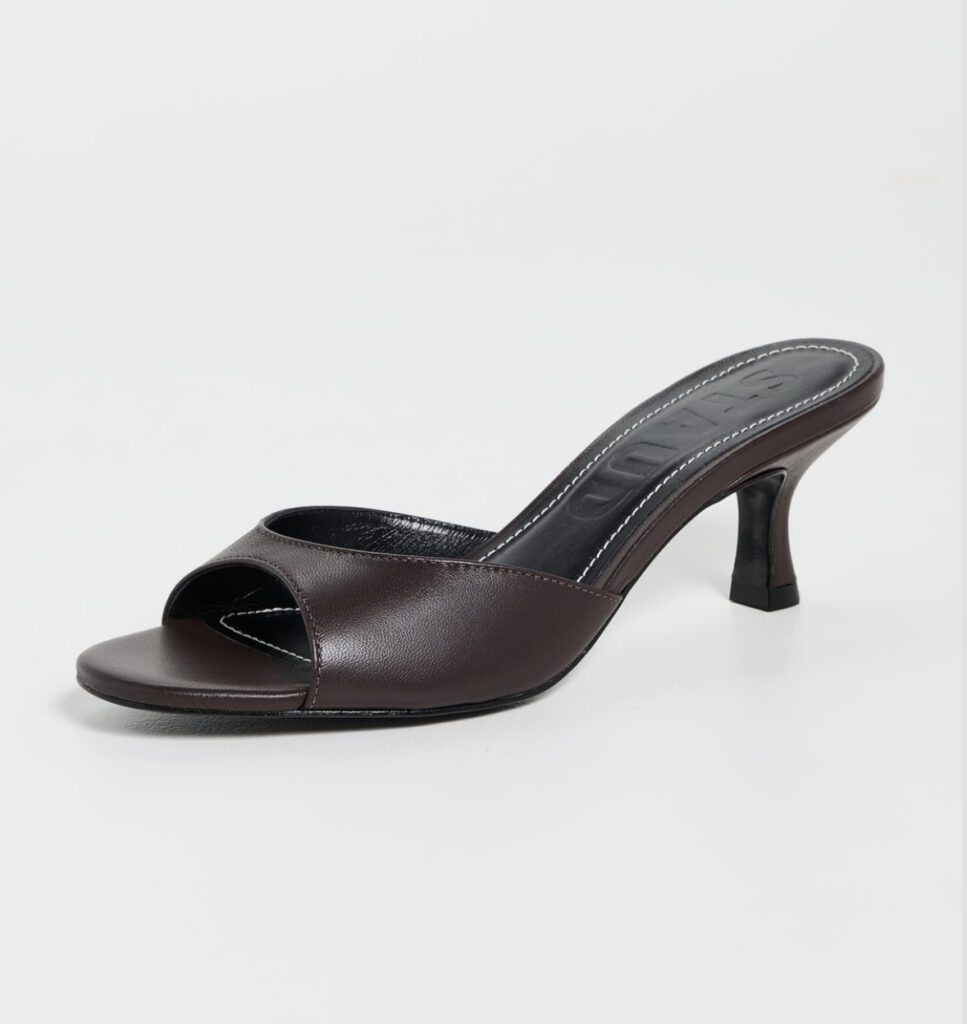 Sustainable Spring Find 2026: Staud Brigitte Espresso Mules - Spring Perfect Leather Slip-On Open-Toe Mules in Rich Coffee Brown Hue 