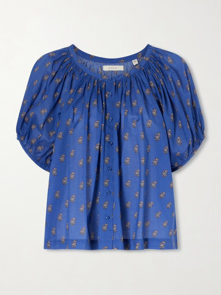 Sustainable Spring Find 2026: Doen June Floral-Print Top - Spring Perfect Delicate Floral Soft Puffed Sleeves Gathered Neckline Floaty Hem Cotton Top in Blue Hue