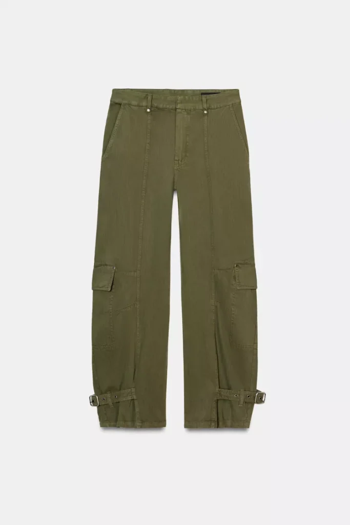 Sustainable Spring Find 2026: Zara Khaki Pants - Spring Perfect Utilitarian Cargo Barrel Mid-Rise Cotton Pants in Military Green Hue