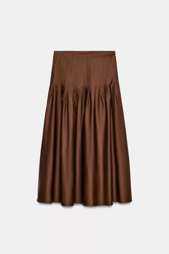 Sustainable Spring Find 2026: Zara Pleated Midi Skirt - Spring Perfect Dark Rich Brown Hue Defined Pleated Midi Yoke High-Waisted Skirt 