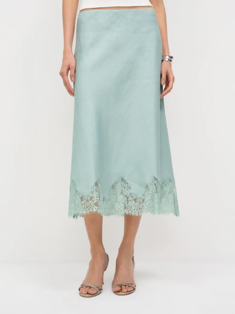 Sustainable Spring Find 2026: Reformation Linen Skirt - Spring Perfect Light Blue Mint Aquamarine Hue Mid Rise Lace Hem Detailed Linen Skirt 