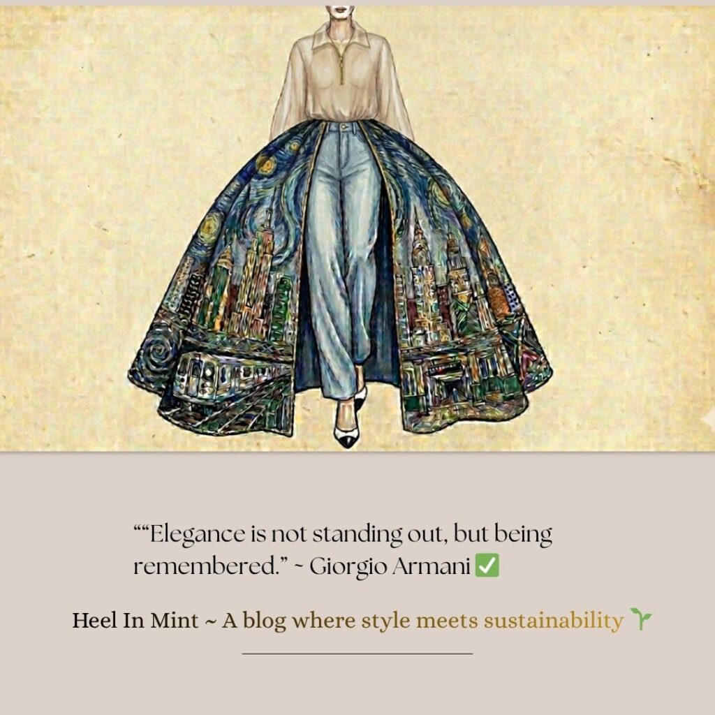 MET Gala 2026 fashion illustration: Chanel-inspired jeans with sculptural NYC skyline crinoline skirt inspired by Gustav Klimt and Van Gogh Starry Night in NYC night sky colour palette — heelinmint creative vision