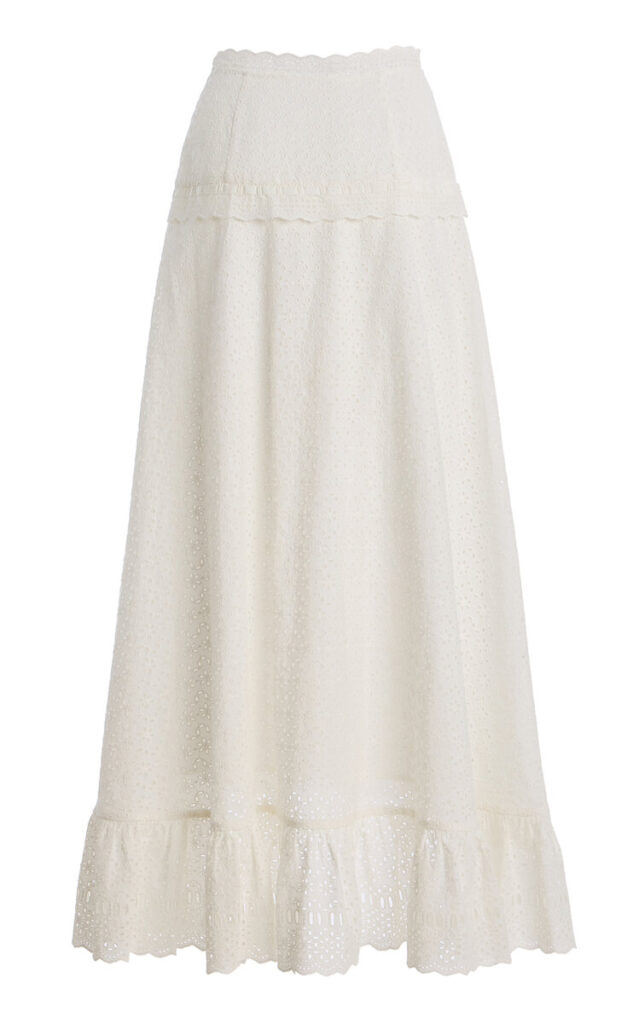 Sustainable Summer 2026:  Ulla Johnson Violetta Eyelet Cotton Skirt- white skirt 