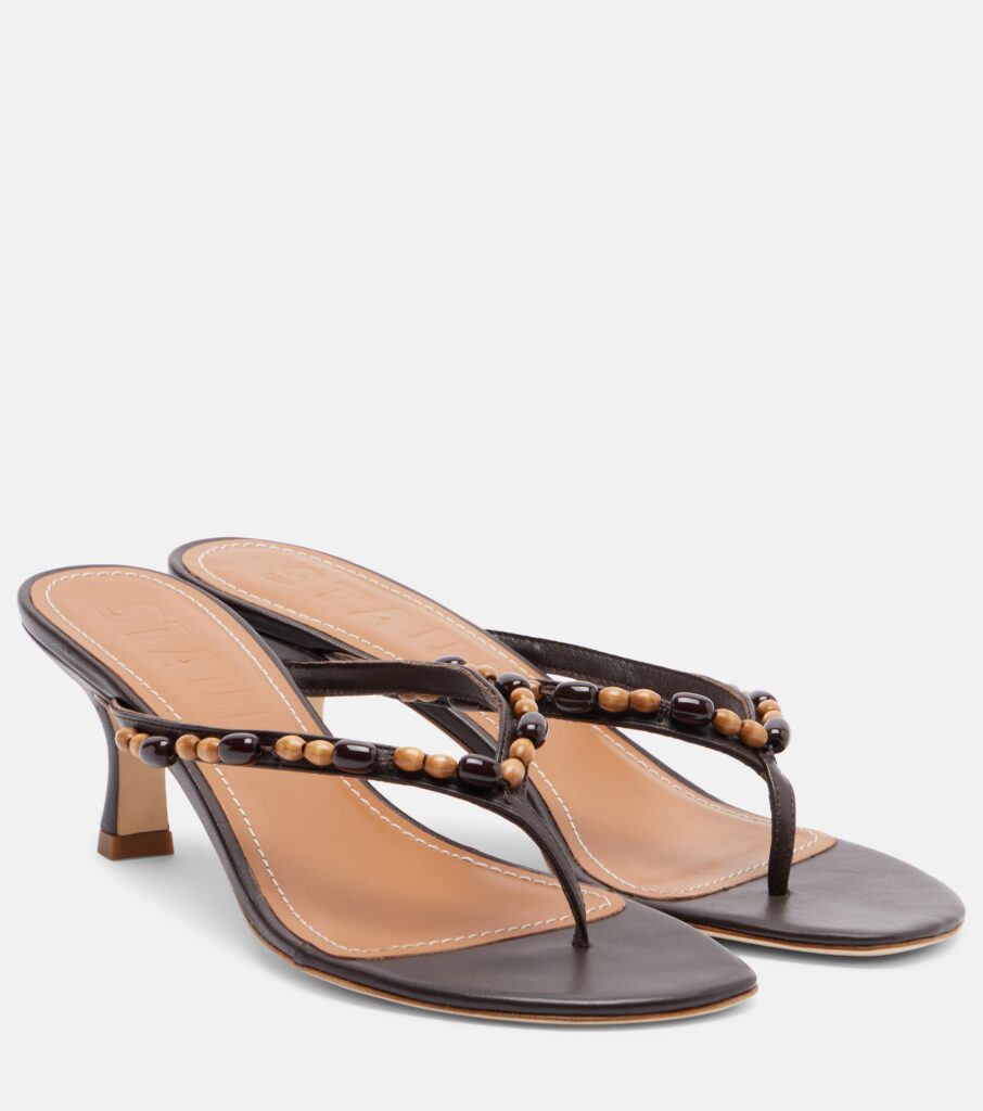 Sustainable Summer 2026: Staud Freja Beaded Leather Thong Sandals - beaded leather sandals in brown 