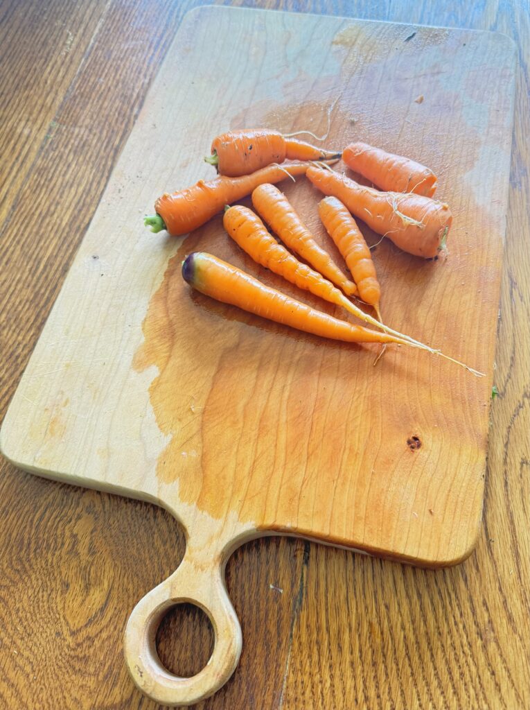 Summer 2026: Adirondack Kitchen Wide Farmhouse Maple Board — keyhole handle detail with fresh garden carrots