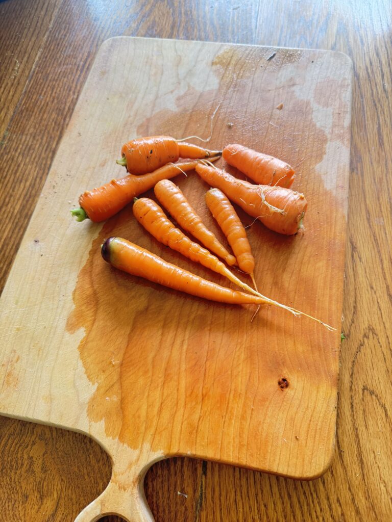 Summer 2026: Adirondack Kitchen Wide Farmhouse Maple Board — keyhole handle detail with fresh garden carrots