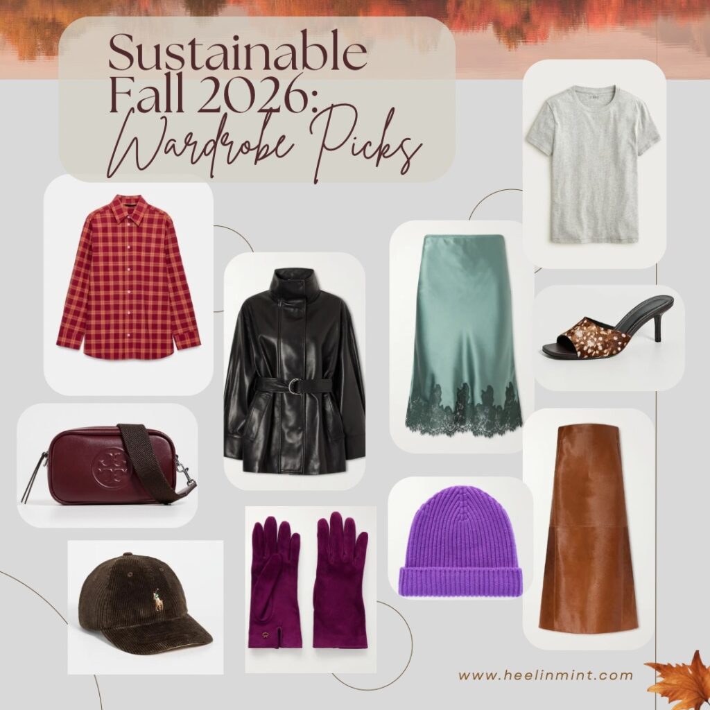 Fall 2026: Heel In Mint Sustainable Wardrobe Picks — burgundy, plaid, suede and leather fall collage.