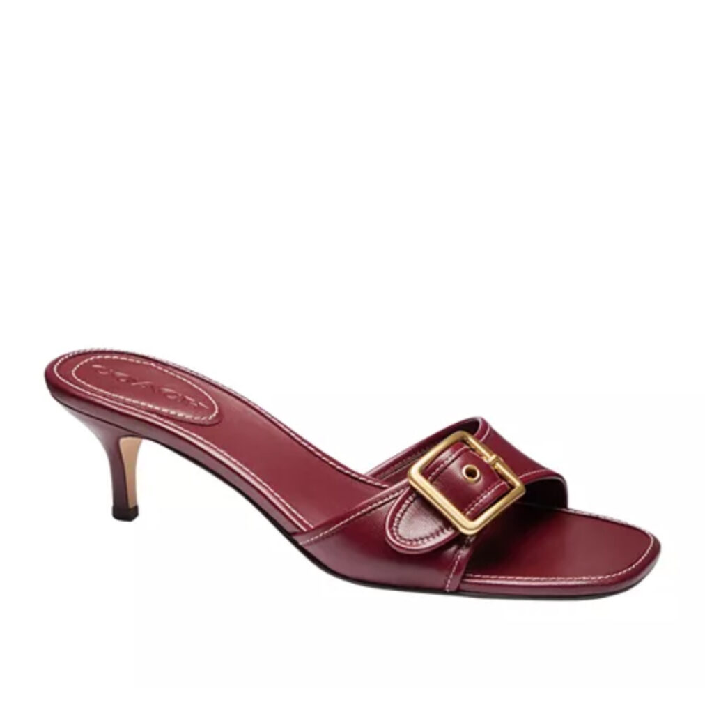 Fall 2026: COACH Margot Buckled Leather Sandals in Dark Cherry - buckled leather sandals in dark cherry red hue 