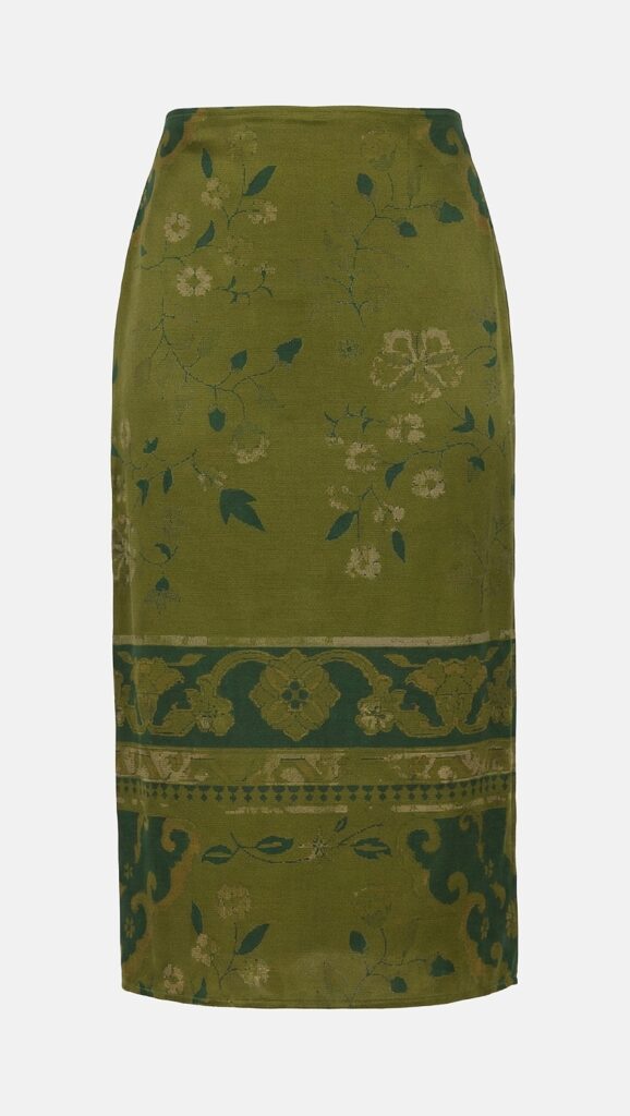 Fall 2026: Reformation Helen Low Waist Silk Midi Skirt - printed low waist midi silk green skirt 