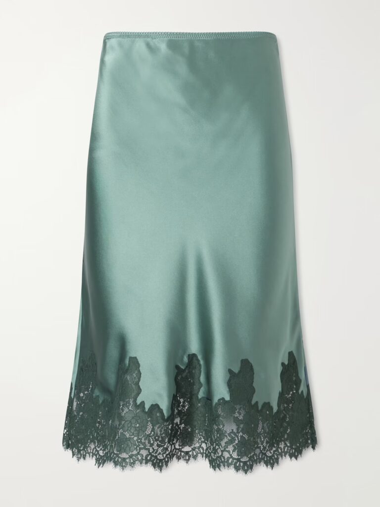 Fall 2026: DÔEN Elowette Lace-trimmed Silk-satin Midi  - lace trimmed silk midi skirt in sage green 