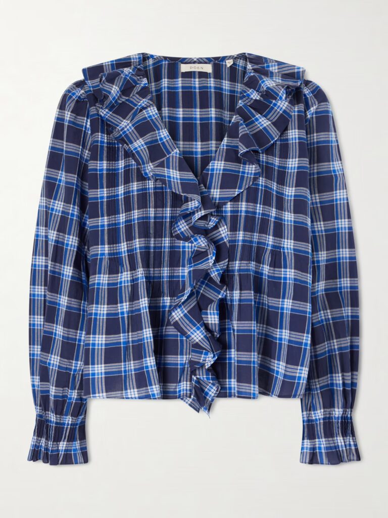 Fall 2026: DÔEN Hardy Checked Shirred Organic Cotton Blouse - check shirred blouse in organic cotton in blue 