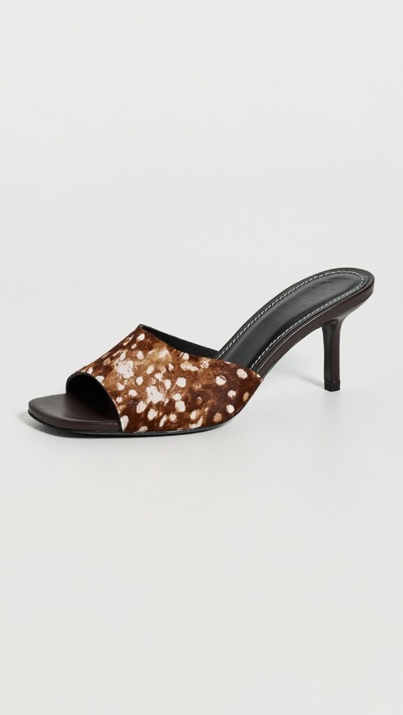 Fall 2026: STAUD Bea Fawn Mules - deer print open-toe slip on miles in brown leather 